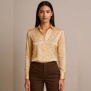 Vintage Stuart Lang Silky Diamond Print Blouse, Pale Marigold, Lightweight,  3/4